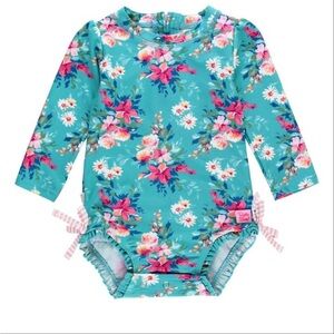 RuffleButts BabyLong Sleeve UPF50+ One Piece Rash Guard - Fancy Me Floral
